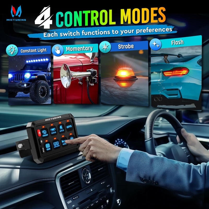 MICTUNING 8 Gang RGB Switch Panel P1s-R, Universal Circuit Control Relay System Box with Adjustable Brightness On-Off Toggle Switch Momentary Pod Touch for Car Truck SUV ATV Boat - Image 2